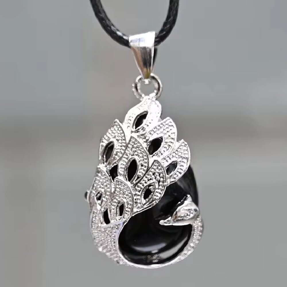 Peacock Black Obsidian Natural Stone Pendant Necklace Gemstone Pendant